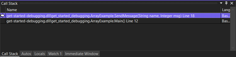 맨 위 줄에 SendMessage 메서드 호출이 강조 표시된 Visual Studio 호출 스택 창을 보여 주는 스크린샷