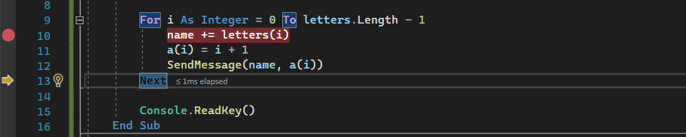 'SendMessage' 메서드 호출을 단계별로 실행한 후 실행이 일시 중지된 Visual Studio Code 편집기의 디버그 세션을 보여 주는 스크린샷