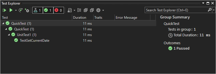  TestGetCurrentDate 테스트가 통과했음을 보여 주는 Visual Studio 테스트 탐색기의 스크린샷.