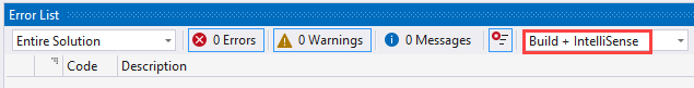 오류 목록 창의 스크린샷. 필터 드롭다운에서 빌드 + IntelliSense가 선택됩니다.