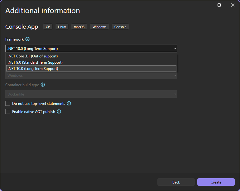 Visual Studio의 '추가 옵션' 대화 상자 스크린샷