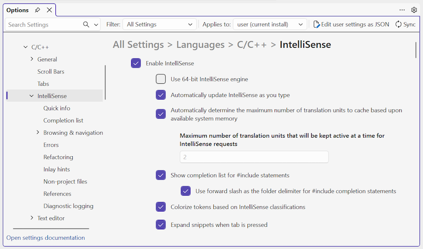 도구 옵션 대화 상자에서 C++에 대한 IntelliSense 옵션을 보여 주는 스크린샷