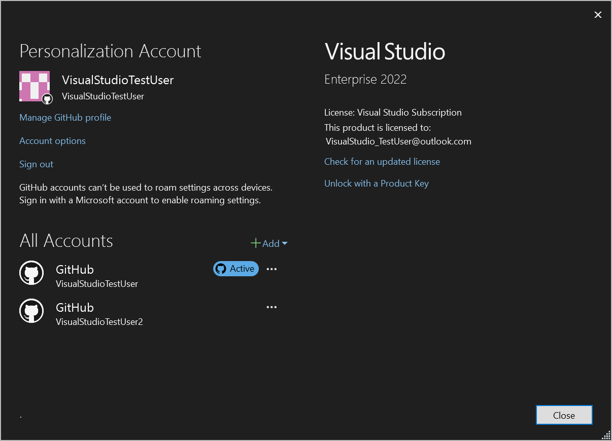 계정 설정 대화 상자에서 여러 GitHub 계정을 보여 주는 스크린샷