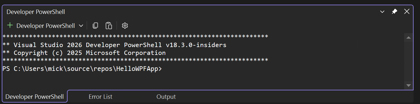 여러 탭을 표시하는 Visual Studio 터미널 창의 스크린샷