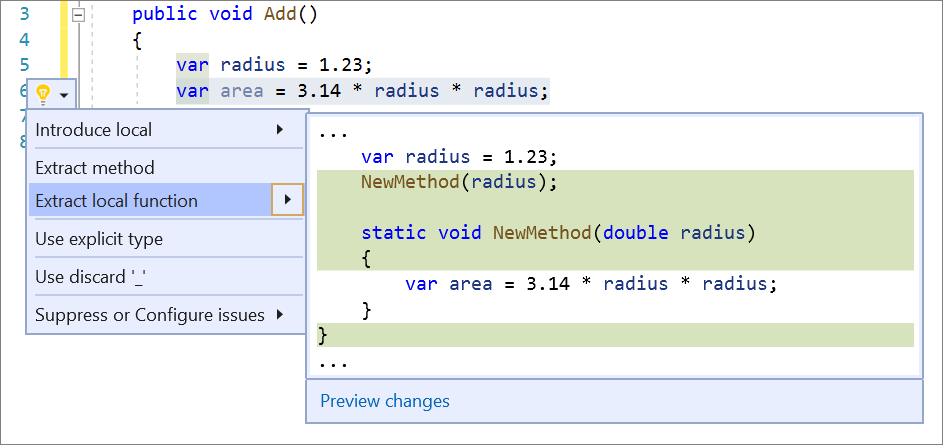  선이 강조 표시된 Visual Studio 코드 창의 스크린샷입니다. 빠른 작업 및 리팩터링 메뉴가 열리고 로컬 함수 추출이 선택됩니다.