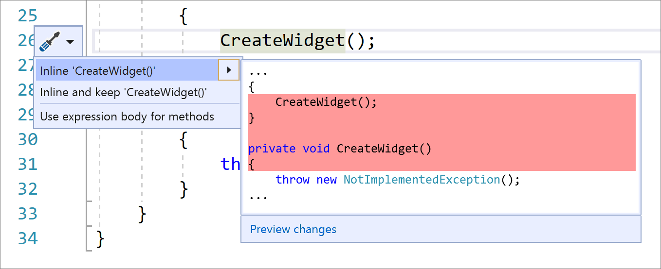 '인라인 'CreateWidget()'을 선택하고 C# 코드 변경 내용이 표시된 Visual Studio 빠른 작업 및 리팩터링 메뉴 스크린샷