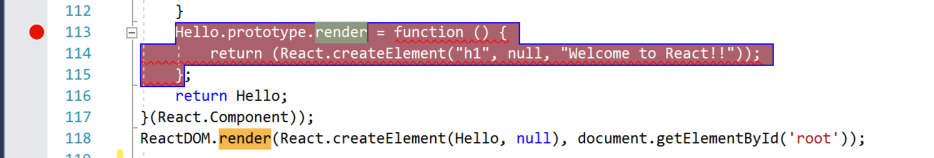 Visual Studio Code 창의 스크린샷 return 문이 선택되고 왼쪽 여백에 빨간색 점이 있으면 중단점이 설정되었음을 나타냅니다.