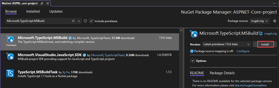 Visual Studio의 NuGet 패키지 관리자 스크린샷.