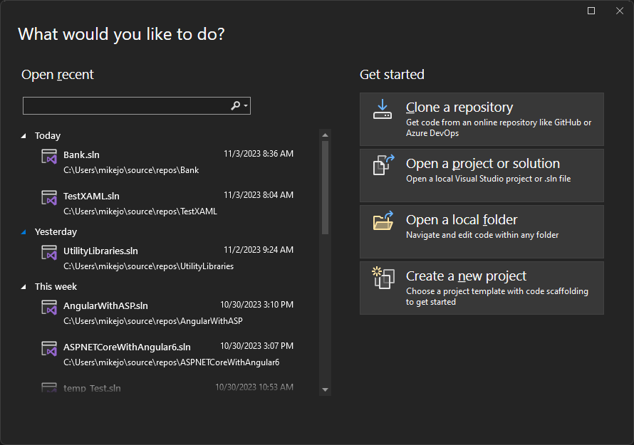 Visual Studio 2022의 시작 창 스크린샷
