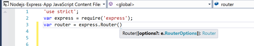 JavaScript 코드가 입력되는 Visual Studio 코드 창의 스크린샷 Router() 함수에 대한 IntelliSense 정보가 표시됩니다.
