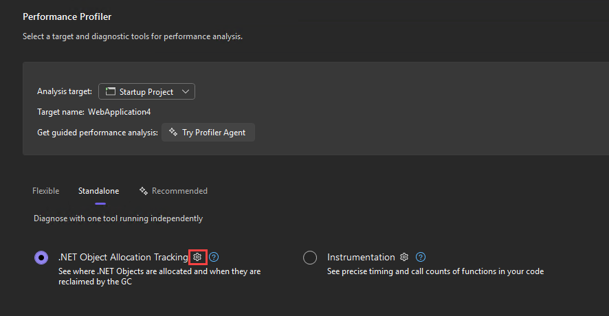 .NET 개체 할당 추적에 대한 설정 단추를 보여 주는 스크린샷
