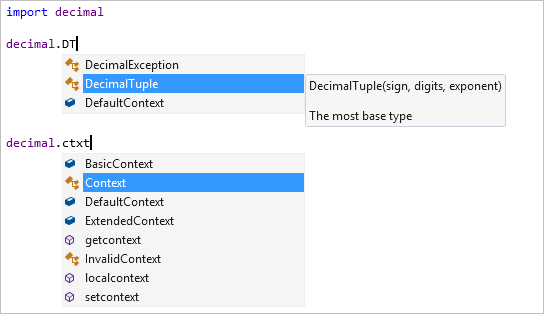 Visual Studio 편집기에서 필터링을 사용하여 멤버 완성을 보여 주는 스크린샷