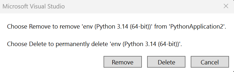Python 환경을 삭제하거나 제거하는 방법을 보여 주는 스크린샷