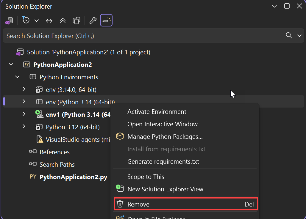 Python 환경을 제거하는 방법을 보여 주는 스크린샷