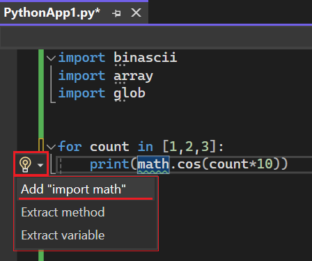 Visual Studio 2022에 추가된 import 문이 필요한 식별자의 스마트 태그를 보여 주는 스크린샷