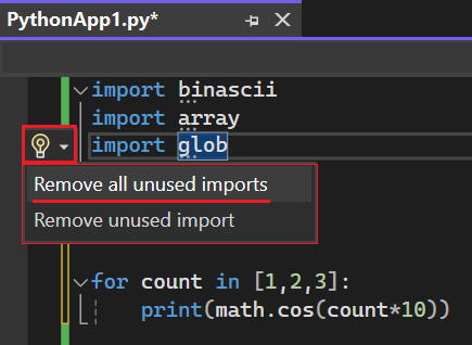 Visual Studio 2022에서 사용하지 않는 가져오기를 제거하는 옵션에 액세스하는 방법을 보여 주는 스크린샷