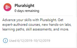 만료 후 Pluralsight 타일을 보여 주는 스크린샷, Pluralsight에 대한 링크가 제거되고 구독이 활성화된 날짜가 타일 아래쪽에 표시됩니다.