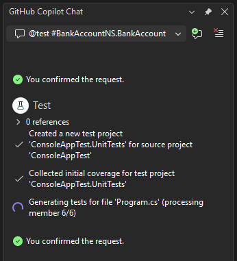 테스트 생성을 시작하는 Copilot의 스크린샷