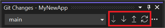 Visual Studio 2022에서 페치, 끌어오기, 푸시 및 동기화 단추 컨트롤이 강조 표시된 Git 변경 내용 창