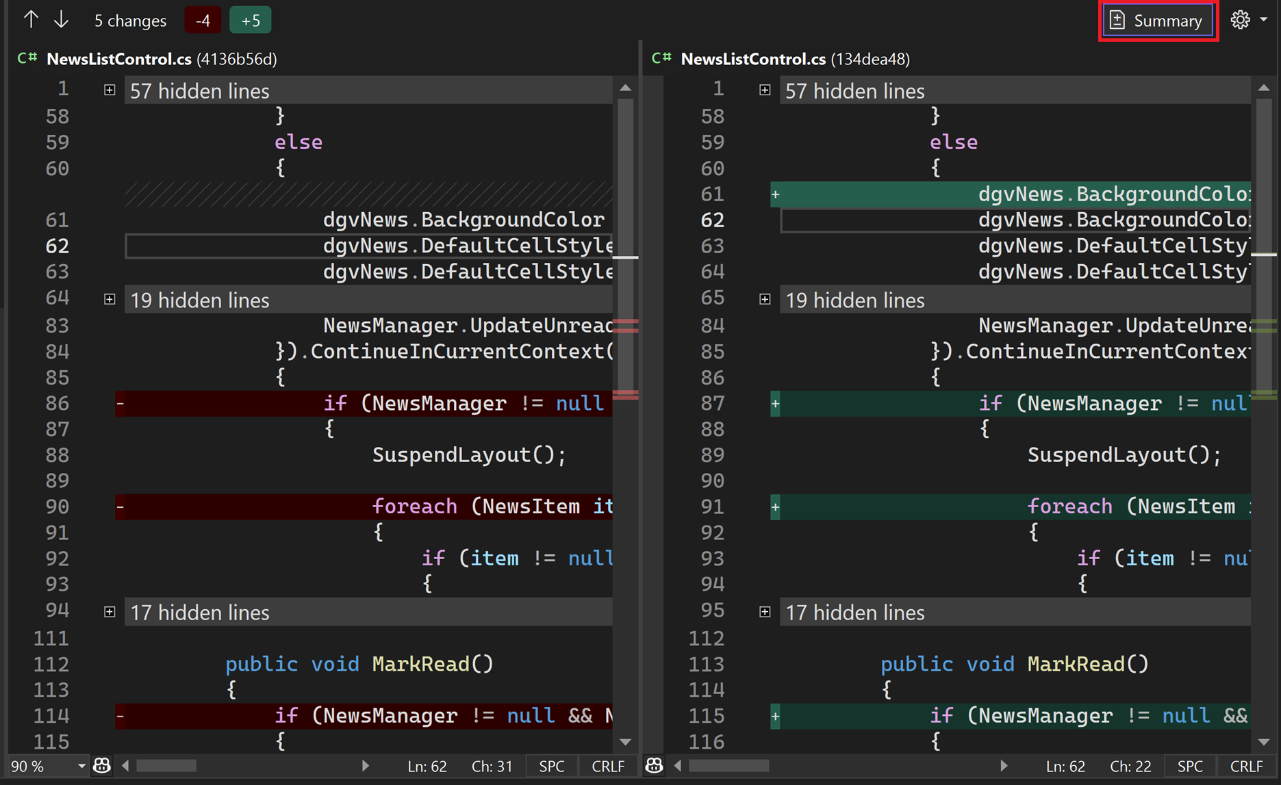Visual Studio 2022에서 요약 단추 텍스트가 강조 표시된 새 끌어오기 요청 창