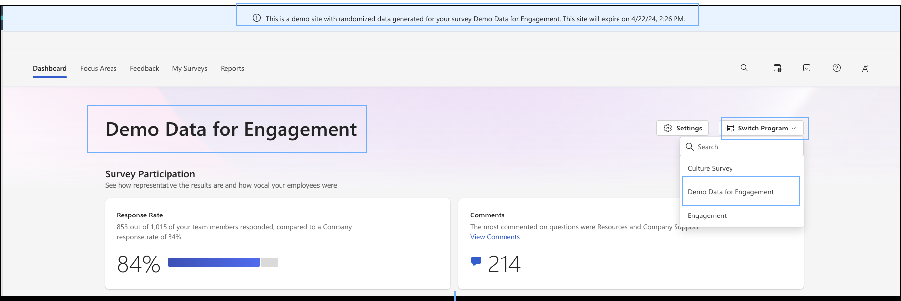 데모 데이터 for Engagement 프로그램이 관리자 dashboard 표시되는 방식의 스크린샷