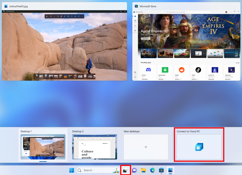 Windows 11의 작업 보기에 추가된 클라우드 PC를 보여주는 스크린샷입니다.
