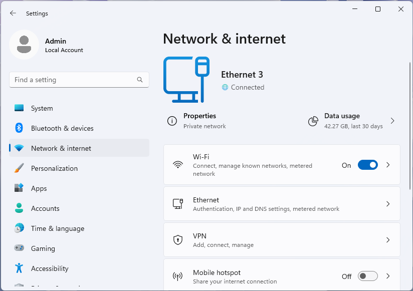 Windows 11 설정 앱의 네트워크 및 인터넷 페이지 스크린샷.