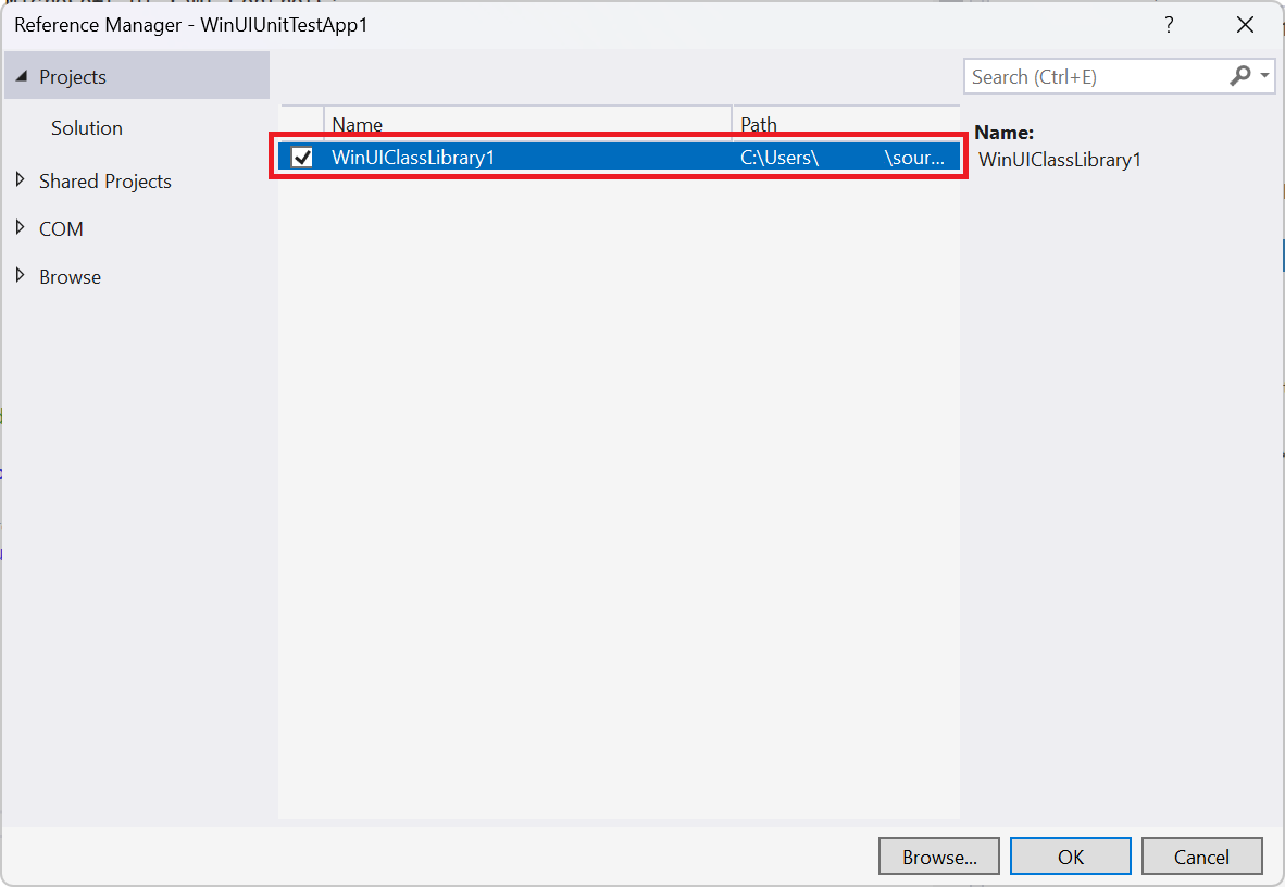 'WinUIClassLibrary1' 프로젝트가 선택된 참조 관리자 대화 상자의 스크린샷