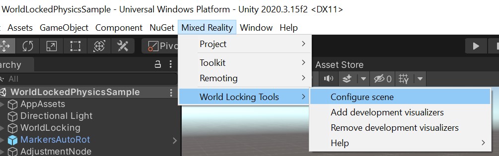 Mixed Reality 도구 키트 메뉴가 선택된 Unity 편집기