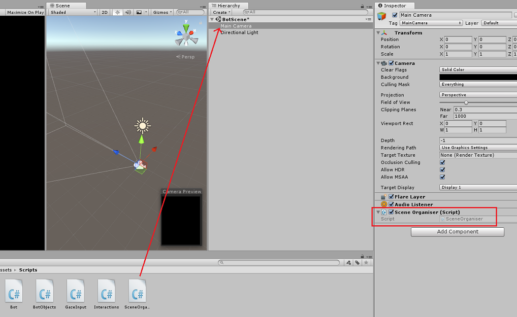 Unity 편집기에서 Main Camera 개체에 추가되는 장면 주최자 스크립트를 보여 주는 스크린샷