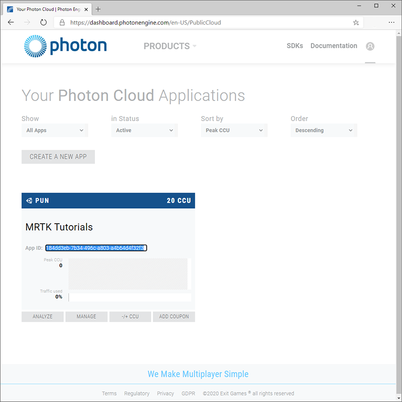 앱 ID가 선택된 Photon 애플리케이션 페이지