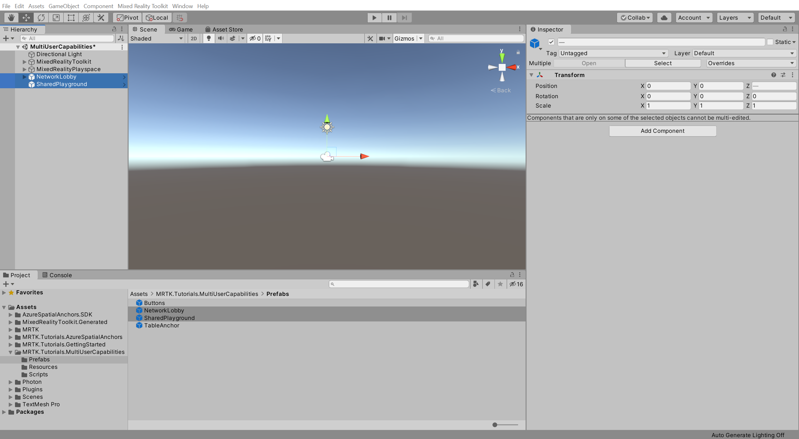 새로 추가된 NetworkLobby 및 SharedPlayground 프리팹이 선택된 Unity