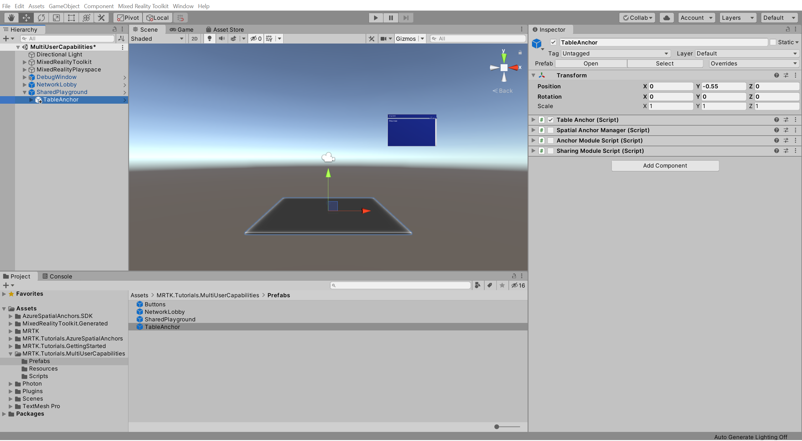 새로 추가된 TableAnchor 프리팹이 선택된 Unity