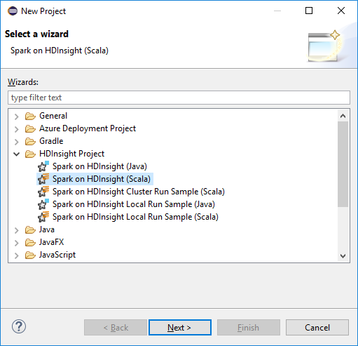 Het Spark-project in HDInsight (Scala) selecteren.
