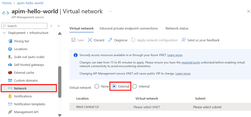 Scherm van netwerkinstellingen in de Azure portal.