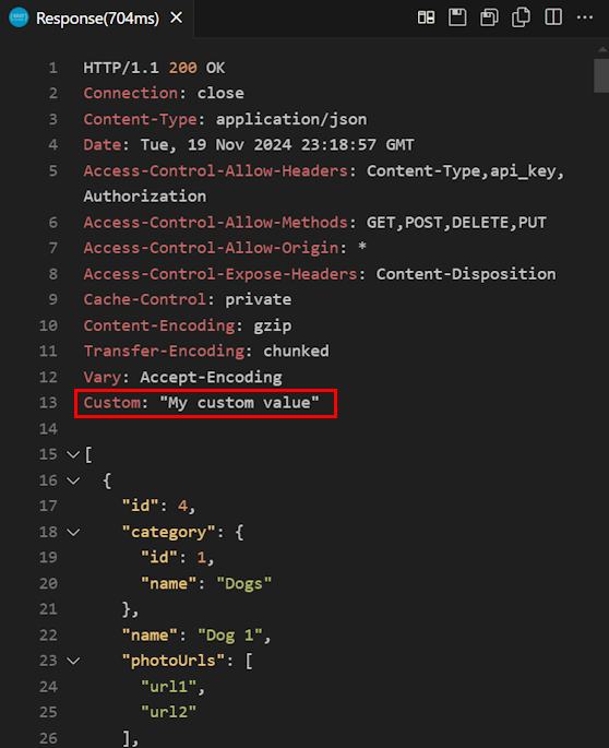 Schermopname van het API-testrapport in Visual Studio Code.