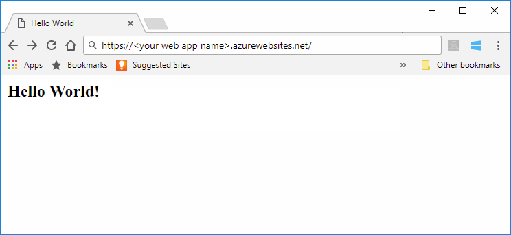 Schermopname van de Maven Hello World-web-app die wordt uitgevoerd in Azure App Service.