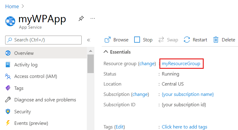Schermopname van de resourcegroep op de overzichtspagina van App Service.