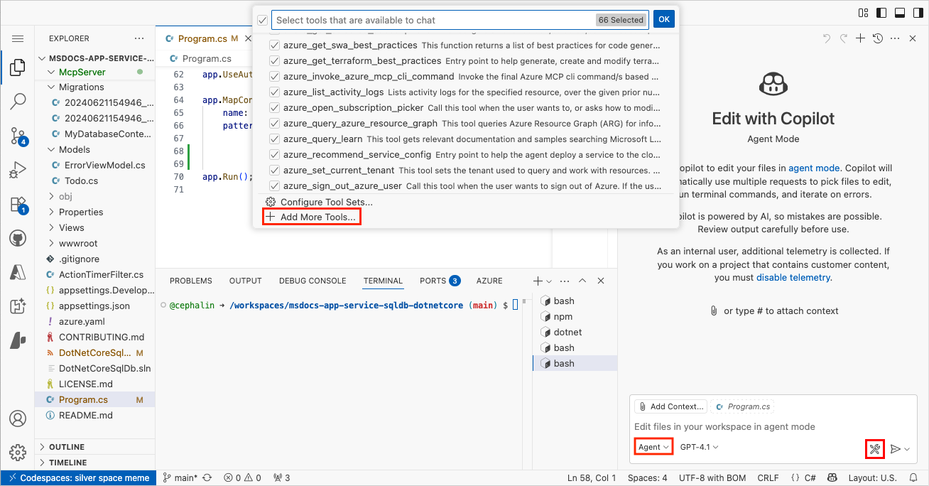 Schermopname die laat zien hoe u een MCP-server toevoegt in de modus GitHub Copilot Chat-agent.