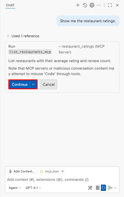 Schermopname van het standaardbeveiligingsbericht van een MCP-aanroep in GitHub Copilot Chat.