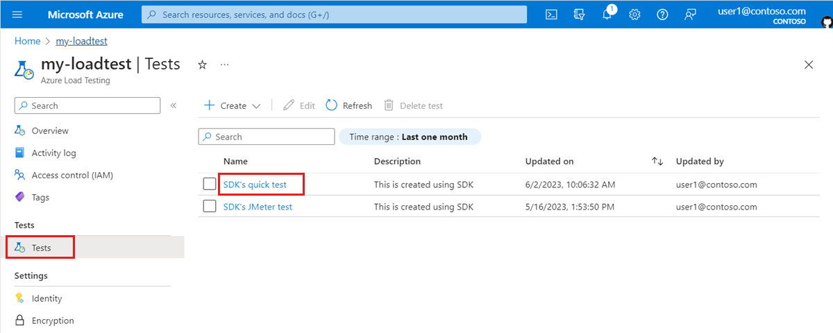 Schermafbeelding met de lijst met tests voor een Azure Load Testing resource.