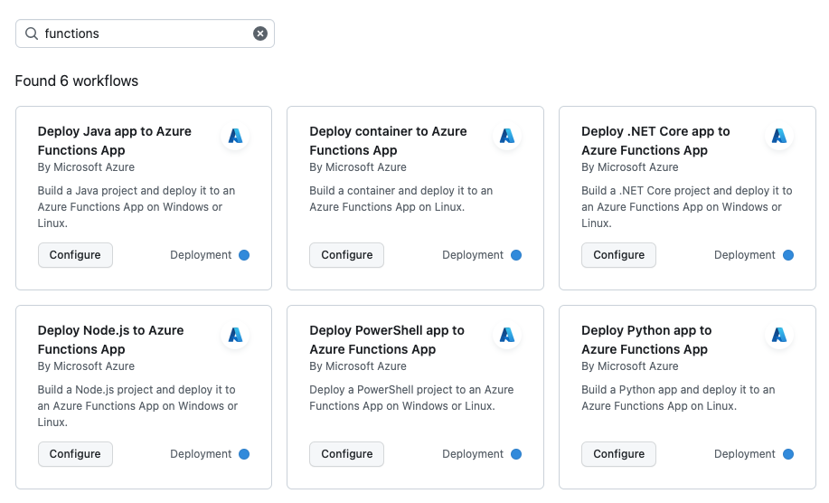 Scherm van zoeken naar sjablonen voor GitHub Actions functies. 