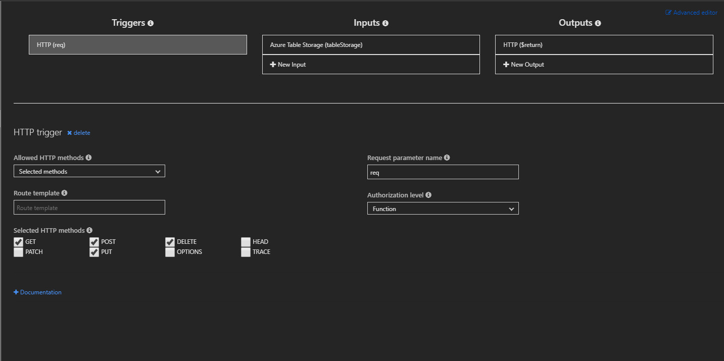 Schermopname van het tabblad Azure Functions Integreren met de selectie van RESTful HTTP-methoden.