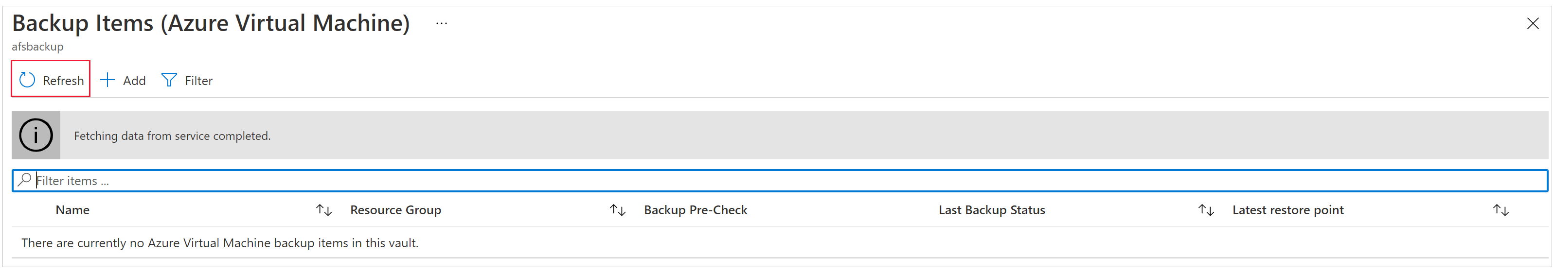 Schermopname van de pagina Back-up-items.