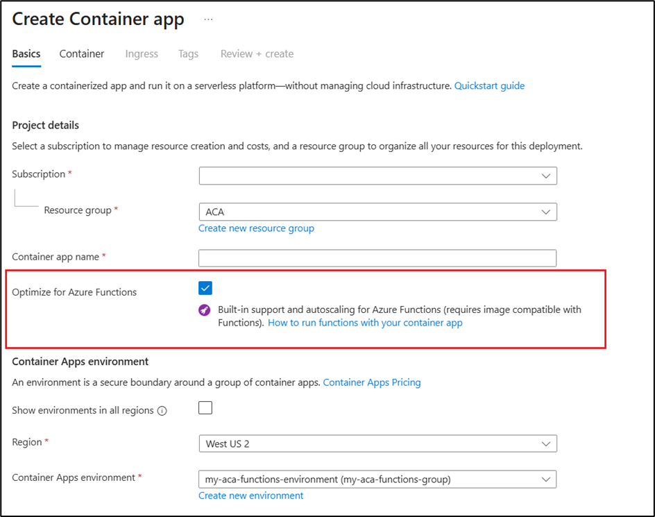 Schermopname van de Azure-portal wanneer u een container-app maakt die vooraf is geconfigureerd voor Azure Functions.