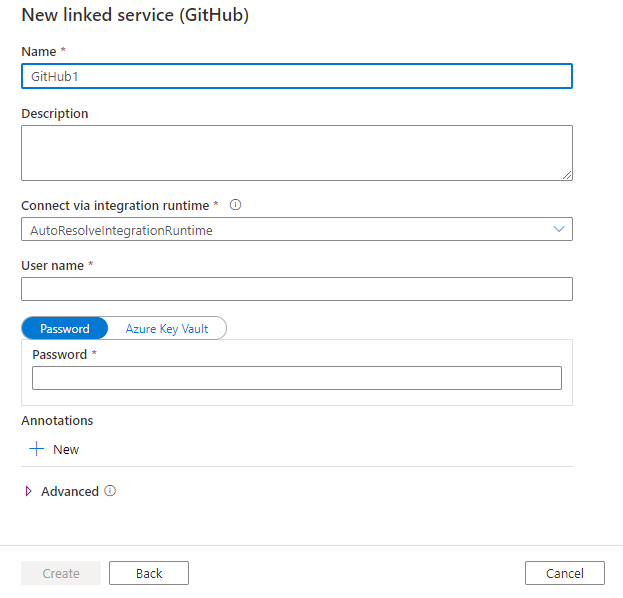 Scherm van de configuratie van gekoppelde service voor GitHub.