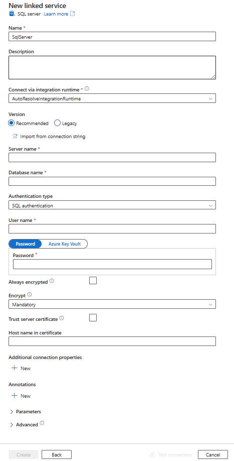 Scherm van de configuratie voor SQL Server gekoppelde service.