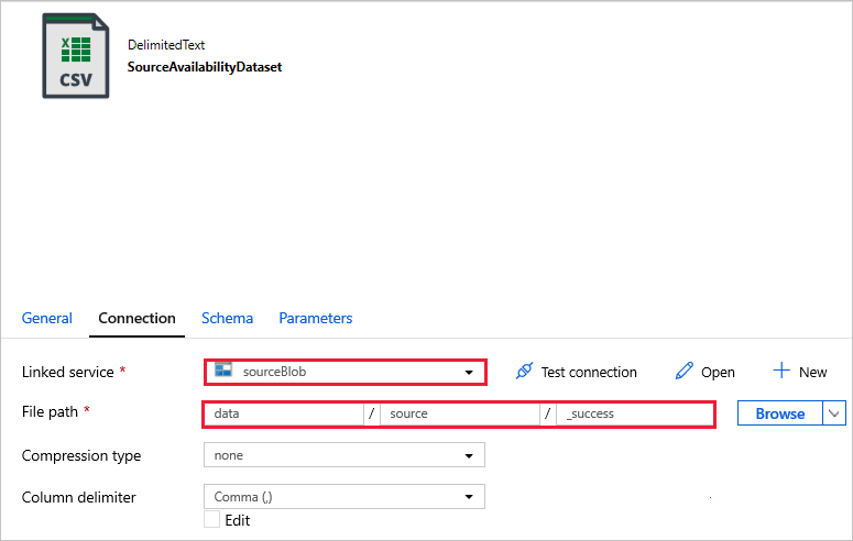 Selecties voor gekoppelde service en bestandspad voor SourceAvailabilityDataset