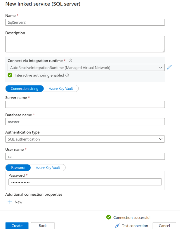 Schermopname van de pagina voor het maken van een gekoppelde SQL-serverservice.