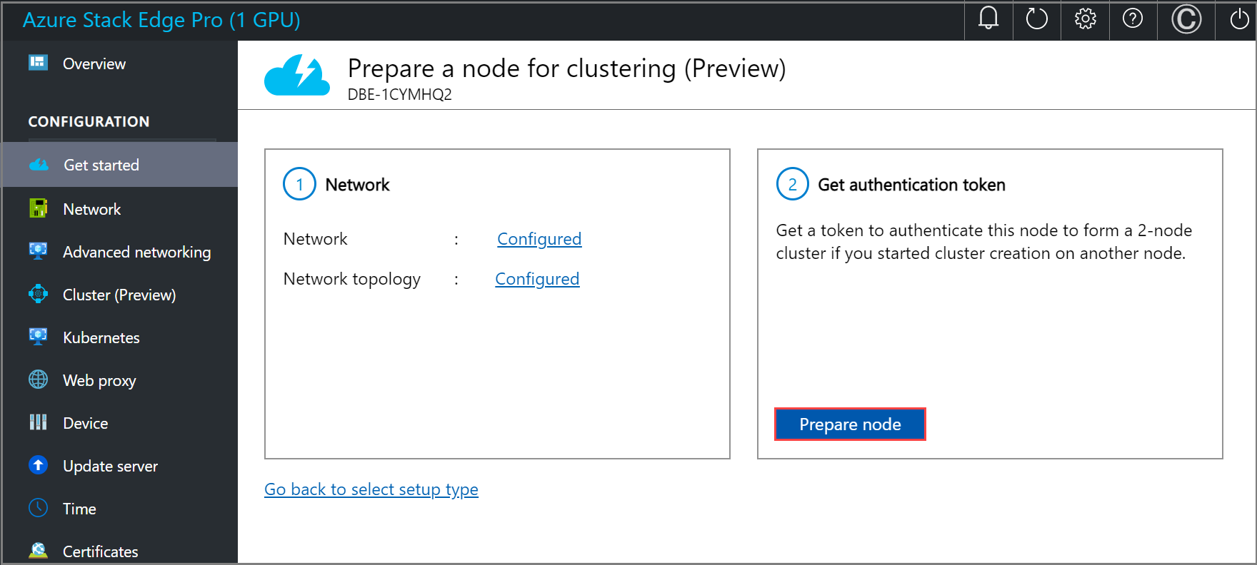 Schermopname van de lokale web-UI 'Aan de slag'-pagina wanneer een knooppunt wordt voorbereid voor clustering met 'Knooppunt voorbereiden' geselecteerd in de tegel 'Verificatietoken ophalen'.